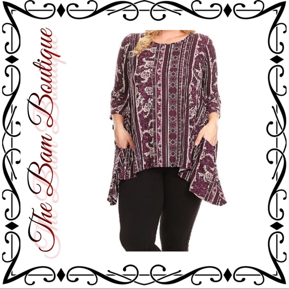 Plus Size Burgundy Geometric Sidetail Top